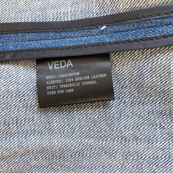 Veda Womens Moto Denim Jacket Leather Sleeve Blue S Wool Waterfall Blazer Crop - Picture 4 of 6